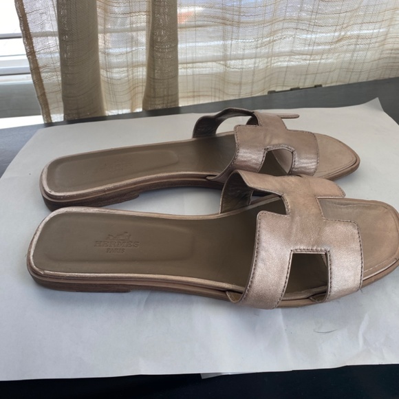 Hermes Gold and Brown Mules with H-Pattern Design - Picture 3 of 6